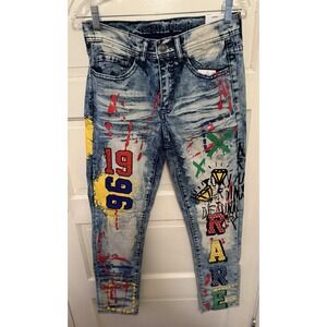 Rue21 Premium Skinny Acid Wash Graphic Jeans‎ Blue Multicolor Denim grunge 30x32